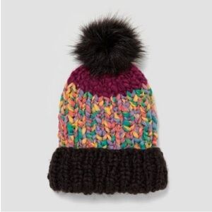Zara hand knit beanie hat with pompom and contrasts